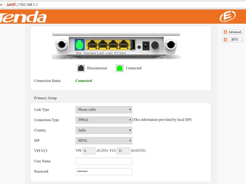 Tenda ADSL Modem Router D303 Configuration Screen